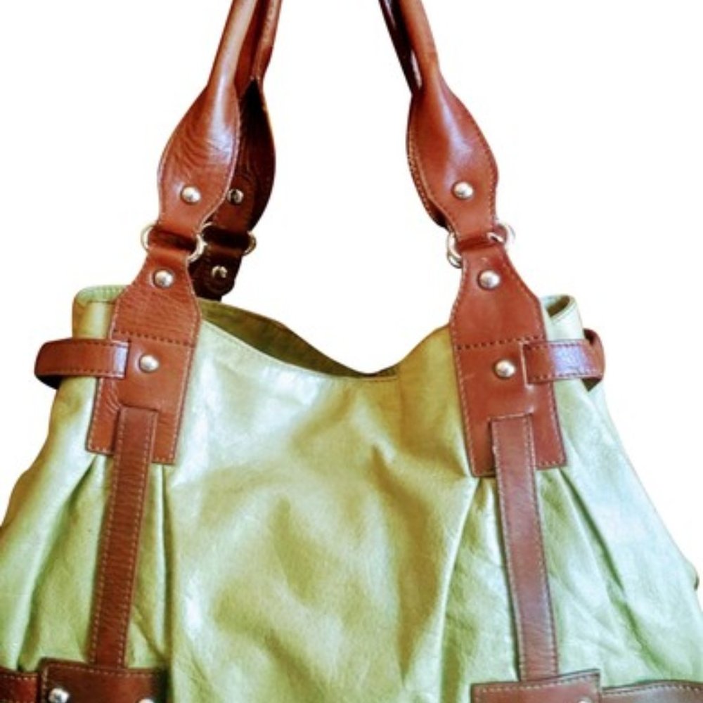 Tano Chartreuse and brown leather tote